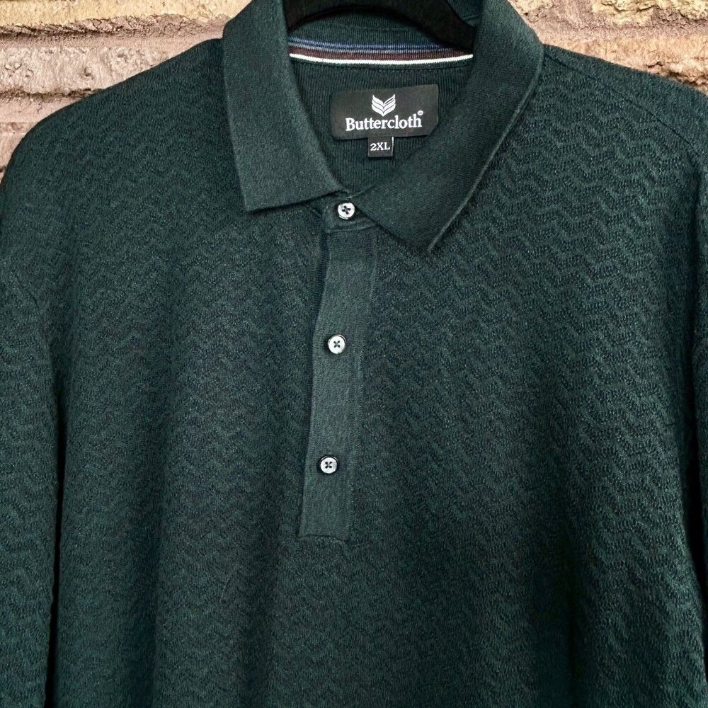 Buttercloth Men’s Polo Sweater Long Sleeve Dark Green Chevron Texture Size 2XL - Picture 7 of 9